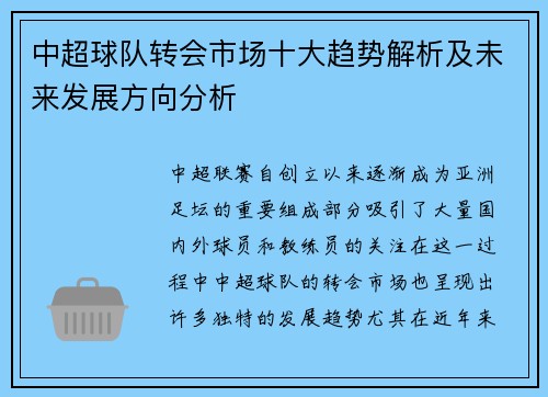 中超球队转会市场十大趋势解析及未来发展方向分析
